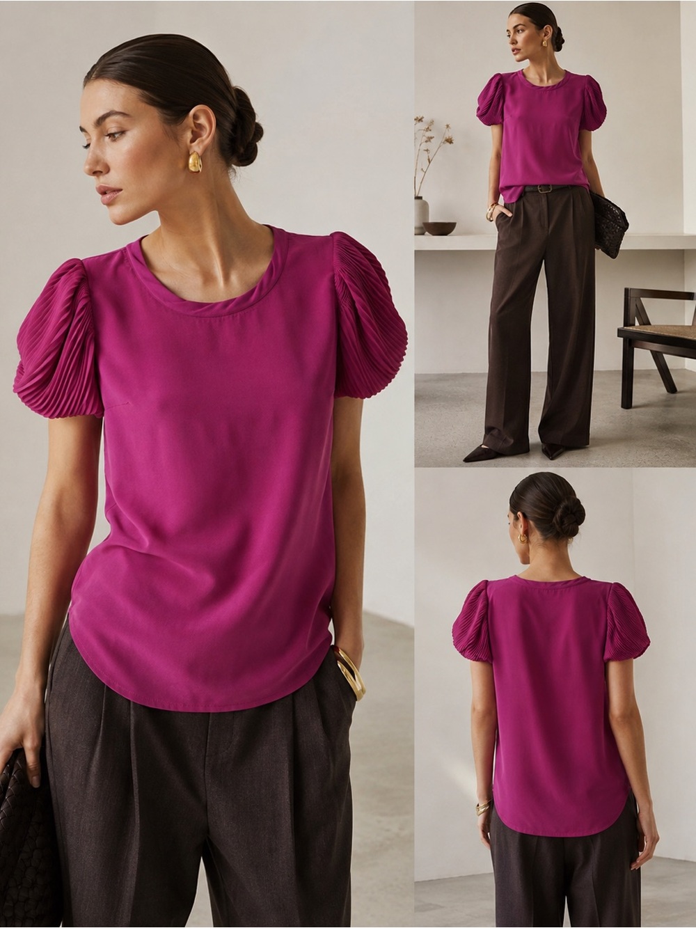 Diane Von Furstenberg 100% Silk Puff Sleeve Blouse - Fuchsia size S